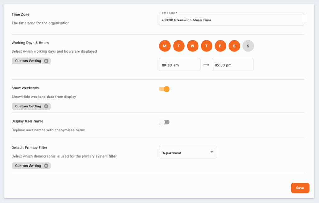 Temporall Settings dashboard